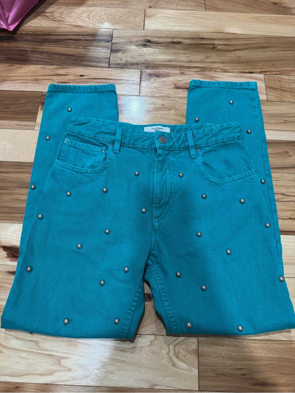 Isabel Marant Teal Straight-Leg Jeans with Stud Details